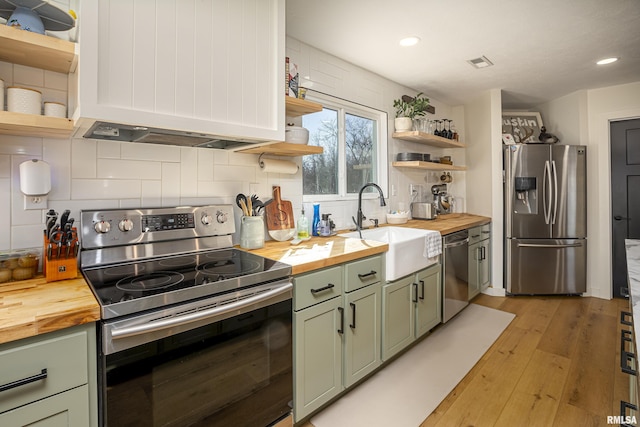 kitchen with appliances with stainless steel finishes, wood counters, sink, backsplash, and green cabinetry