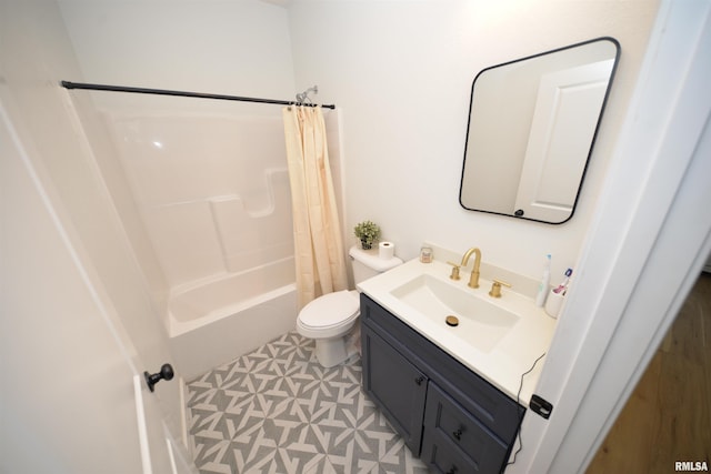 full bathroom with vanity, toilet, shower / tub combo with curtain, and tile patterned flooring