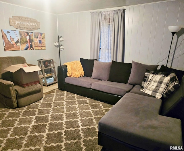 living room with wooden walls