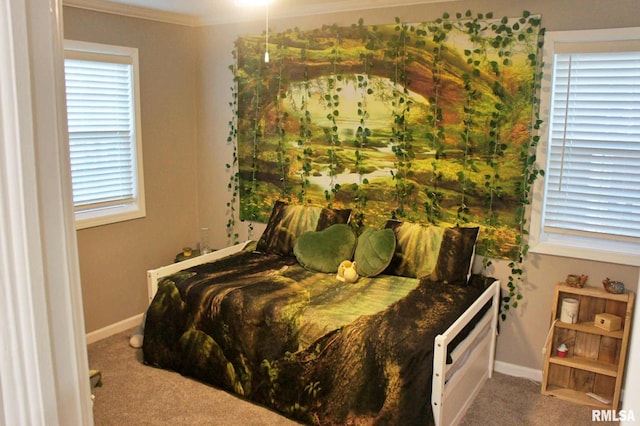 bedroom with crown molding and carpet