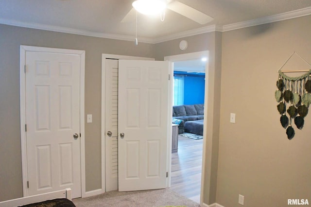 interior space with light colored carpet, ceiling fan, and ornamental molding