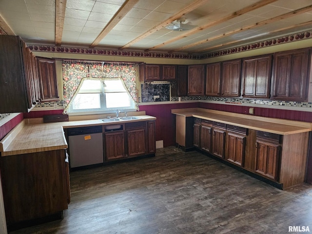 kitchen with sink, stainless steel dishwasher, dark hardwood / wood-style floors, and dark brown cabinetry