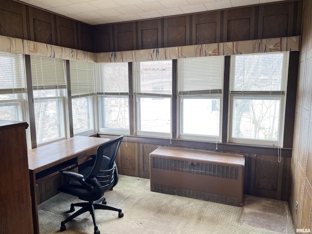 home office featuring light colored carpet and radiator heating unit