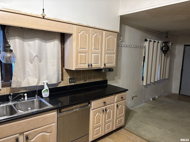 kitchen with light brown cabinetry, dishwasher, sink, backsplash, and light colored carpet