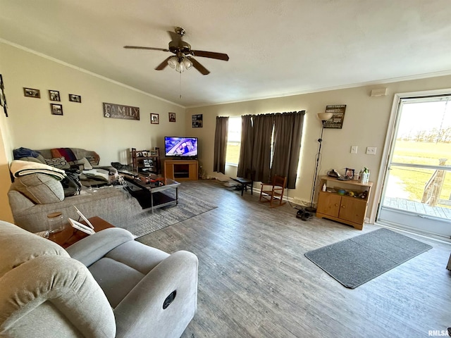 living room with ornamental molding, plenty of natural light, vaulted ceiling, and wood-type flooring