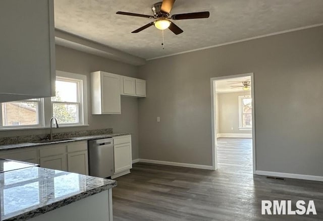 kitchen featuring dark wood-type flooring, sink, light stone counters, stainless steel dishwasher, and white cabinets