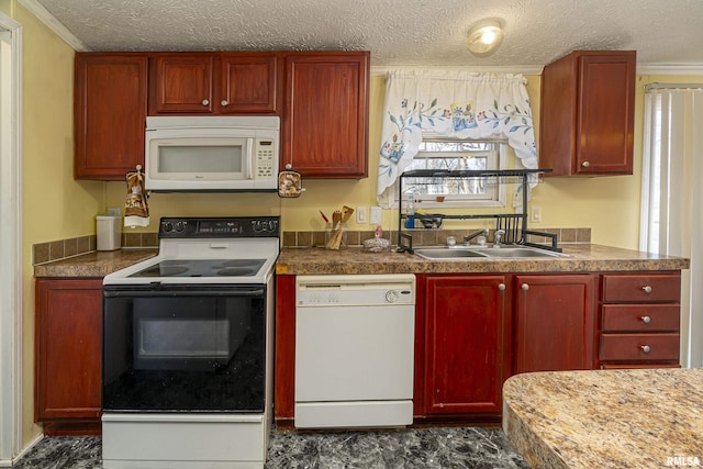 kitchen featuring ornamental molding, sink, a textured ceiling, and white appliances