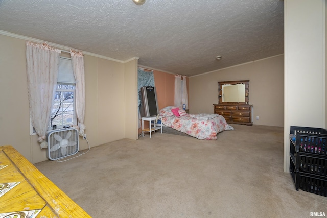 carpeted bedroom featuring crown molding and a textured ceiling