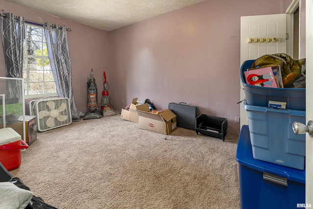 game room featuring carpet flooring and a textured ceiling