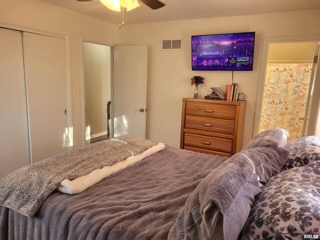 bedroom featuring ceiling fan and a closet