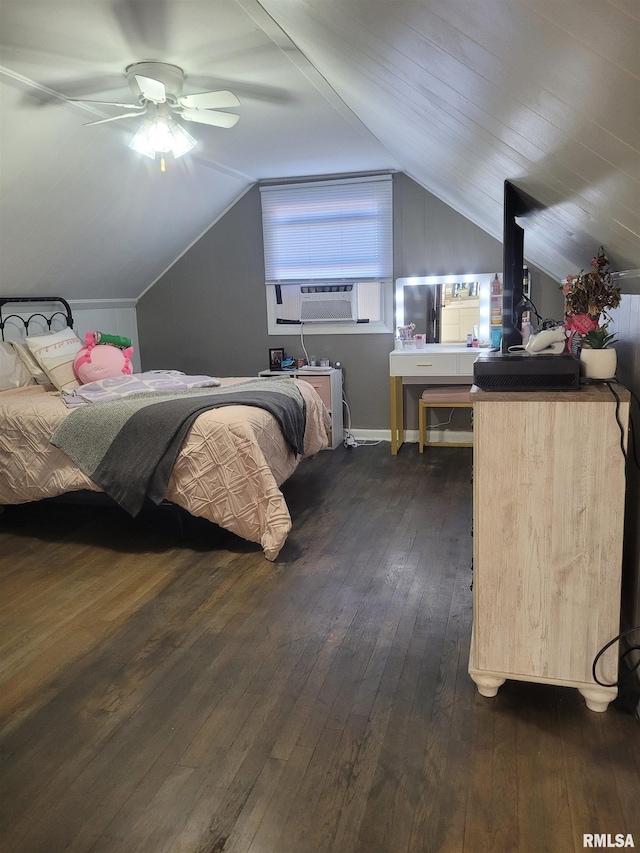 bedroom with cooling unit, dark wood-type flooring, lofted ceiling, and ceiling fan