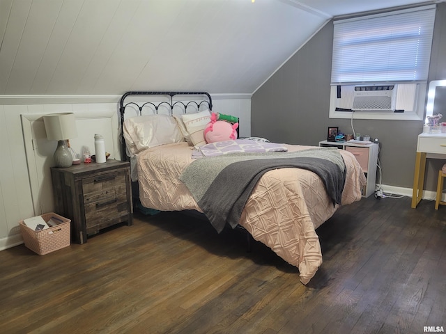 bedroom with dark wood-type flooring, cooling unit, and vaulted ceiling
