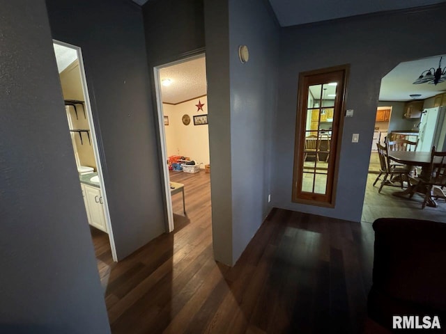 hallway featuring wood-type flooring, vaulted ceiling, and a textured ceiling