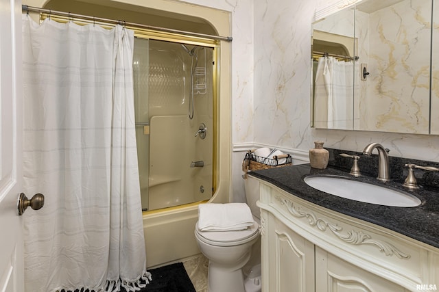 full bathroom with shower / bath combination with curtain, vanity, and toilet