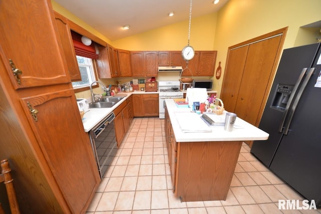 kitchen with decorative light fixtures, lofted ceiling, sink, a center island, and black appliances