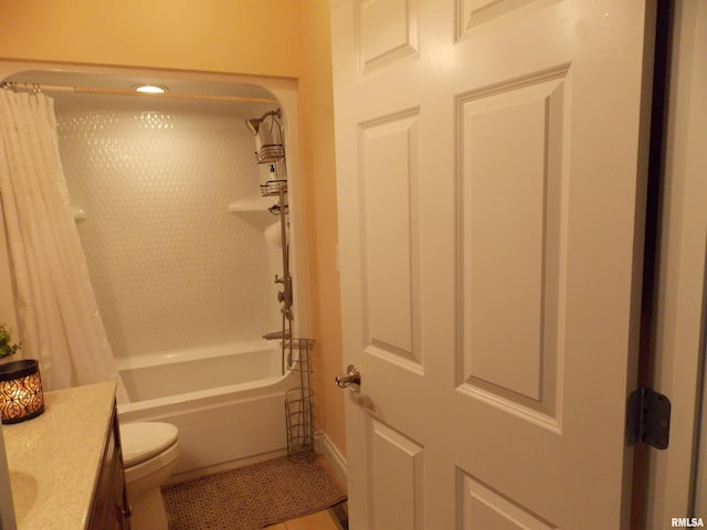 full bathroom with vanity, toilet, and shower / bathtub combination with curtain