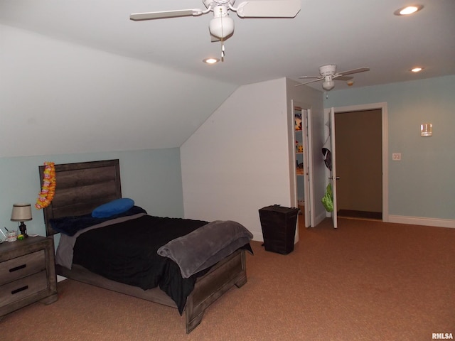 bedroom featuring ceiling fan, lofted ceiling, and light colored carpet