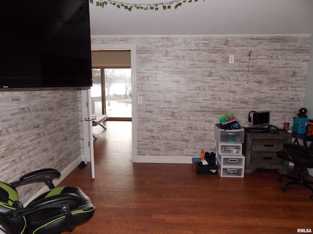 home office with dark hardwood / wood-style floors