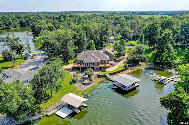 drone / aerial view featuring a water view