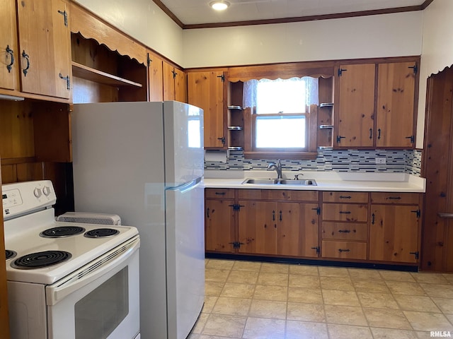 kitchen featuring tasteful backsplash, ornamental molding, sink, and white appliances