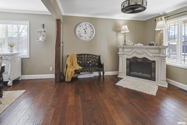 living room with ornamental molding and dark hardwood / wood-style floors