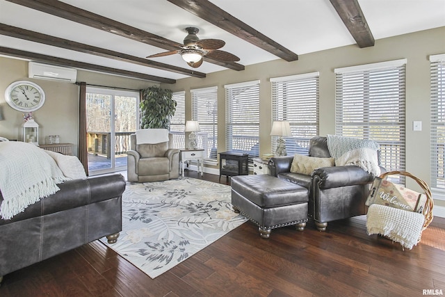 living room featuring dark hardwood / wood-style flooring, a wall mounted air conditioner, beamed ceiling, and ceiling fan