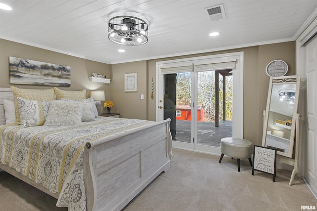 carpeted bedroom with french doors, wooden ceiling, ornamental molding, and access to outside