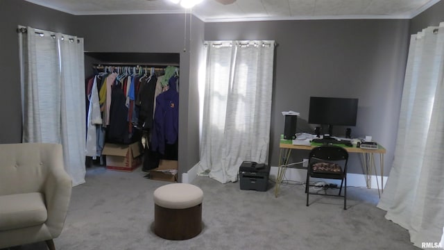 interior space featuring ornamental molding and ceiling fan