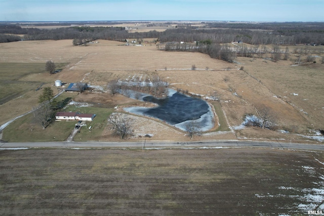 bird's eye view featuring a water view and a rural view