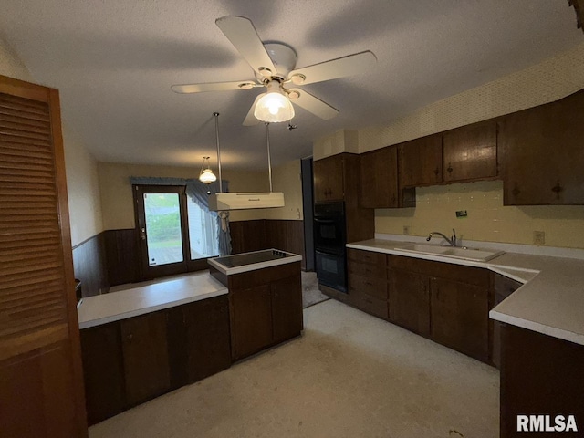 1117 E Ash St, Herrin, IL 62948 - kitchen featuring a sink, black appliances, under cabinet range hood, a wainscoted wall, and dark brown cabinetry