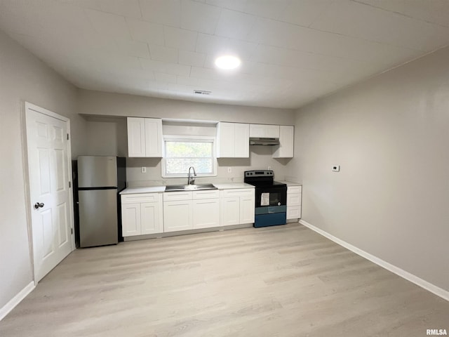 kitchen with white cabinetry, sink, stainless steel fridge, and electric stove