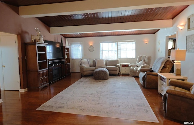 living room featuring dark wood-type flooring, wooden ceiling, and beamed ceiling