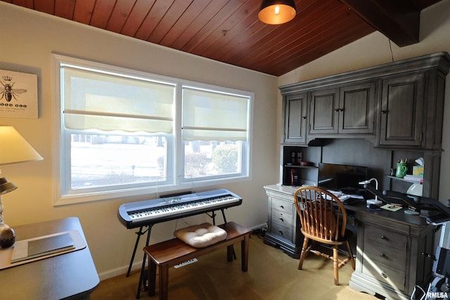205 E Jennings, Salem, IL 62881 - home office featuring vaulted ceiling, wood ceiling, baseboards, built in study area, and carpet