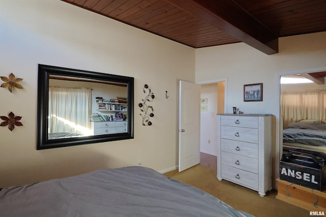 bedroom with wood ceiling and beam ceiling