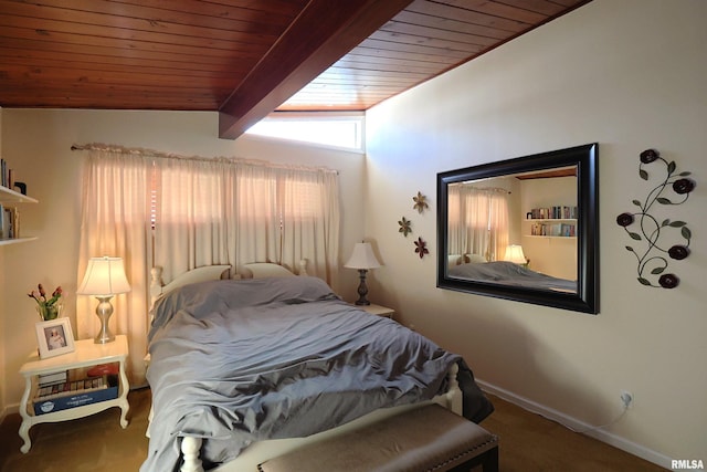 carpeted bedroom with lofted ceiling with beams and wooden ceiling