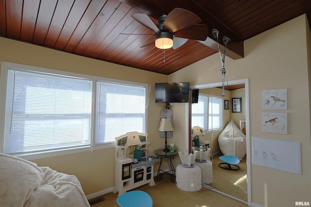 205 E Jennings, Salem, IL 62881 - rec room with wooden ceiling, carpet flooring, lofted ceiling, ceiling fan, and baseboards