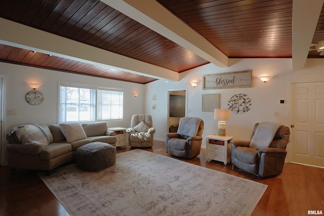 living room featuring wood-type flooring, lofted ceiling with beams, and wooden ceiling