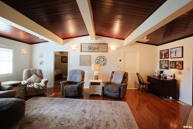 living room featuring wood ceiling, wood-type flooring, and lofted ceiling with beams