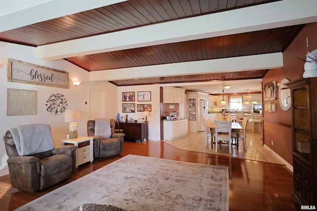 living room featuring vaulted ceiling with beams, hardwood / wood-style flooring, and wooden ceiling