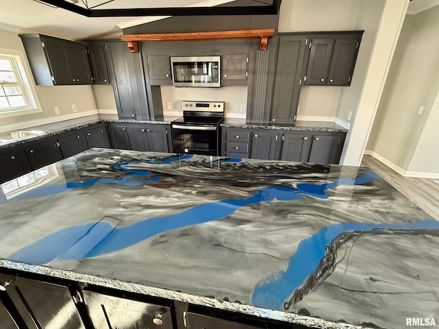 kitchen featuring hardwood / wood-style flooring, ornamental molding, and appliances with stainless steel finishes