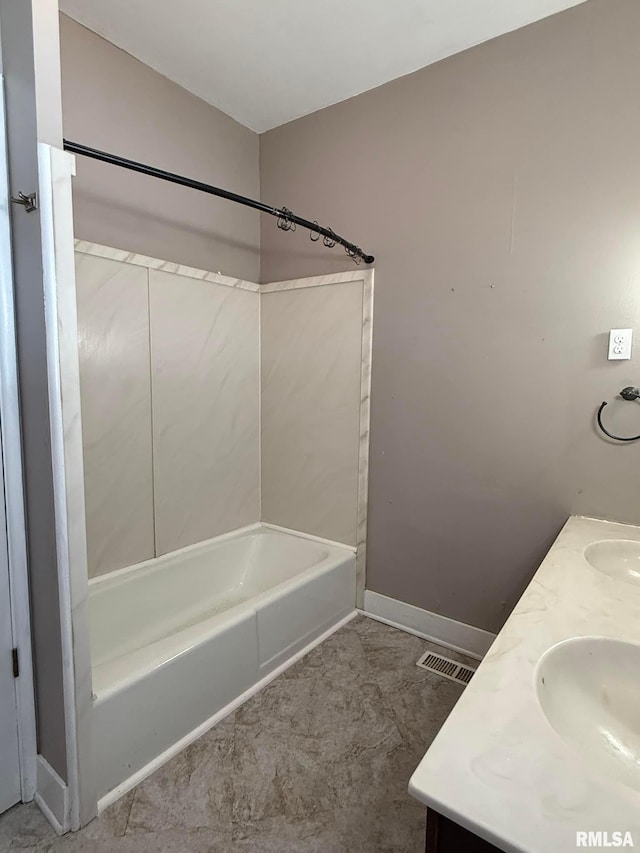 full bathroom with tub / shower combination, visible vents, a sink, and double vanity