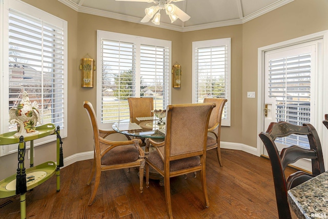 dining area with ceiling fan, crown molding, a healthy amount of sunlight, and hardwood / wood-style flooring