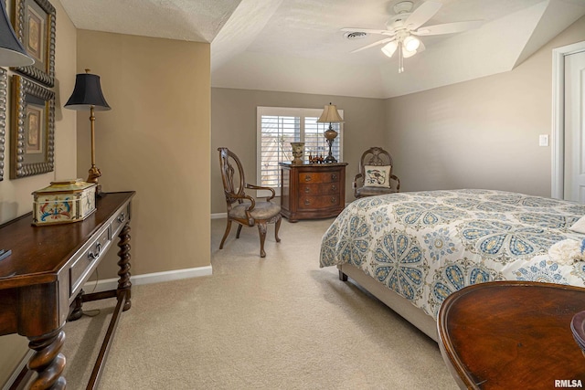 bedroom featuring carpet floors, ceiling fan, and vaulted ceiling