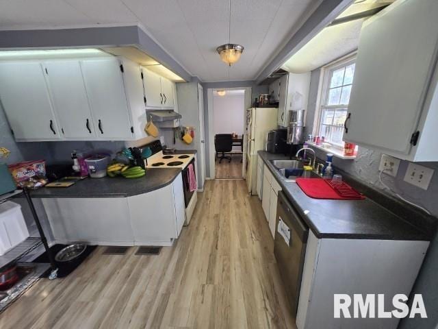 kitchen featuring white cabinetry, sink, white appliances, and light hardwood / wood-style floors