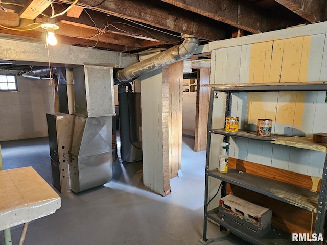 basement with heating unit and water heater