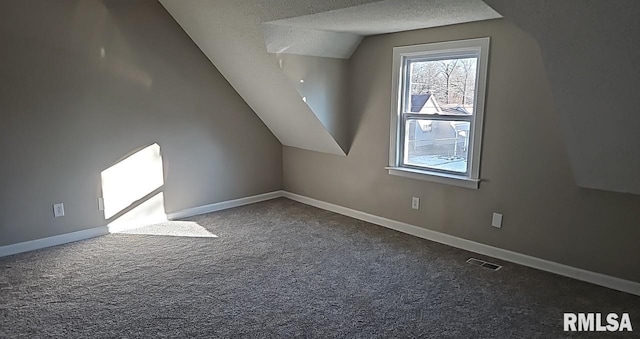 additional living space featuring vaulted ceiling, carpet floors, and a textured ceiling