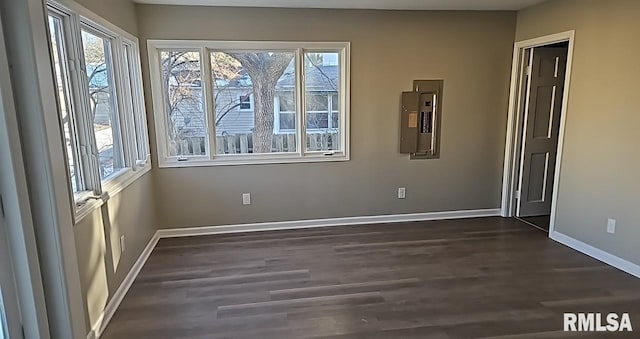 unfurnished room with dark wood-type flooring and electric panel