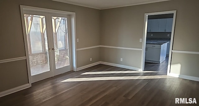 entryway featuring french doors, crown molding, and dark wood-type flooring