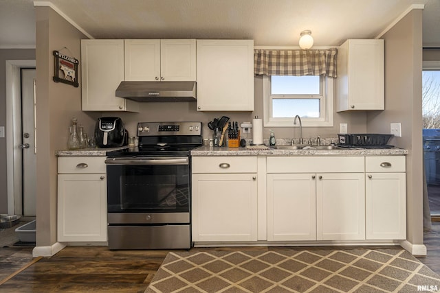 kitchen with electric stove, sink, dark wood-type flooring, and white cabinets