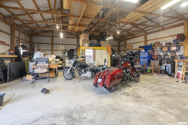 garage with a workshop area